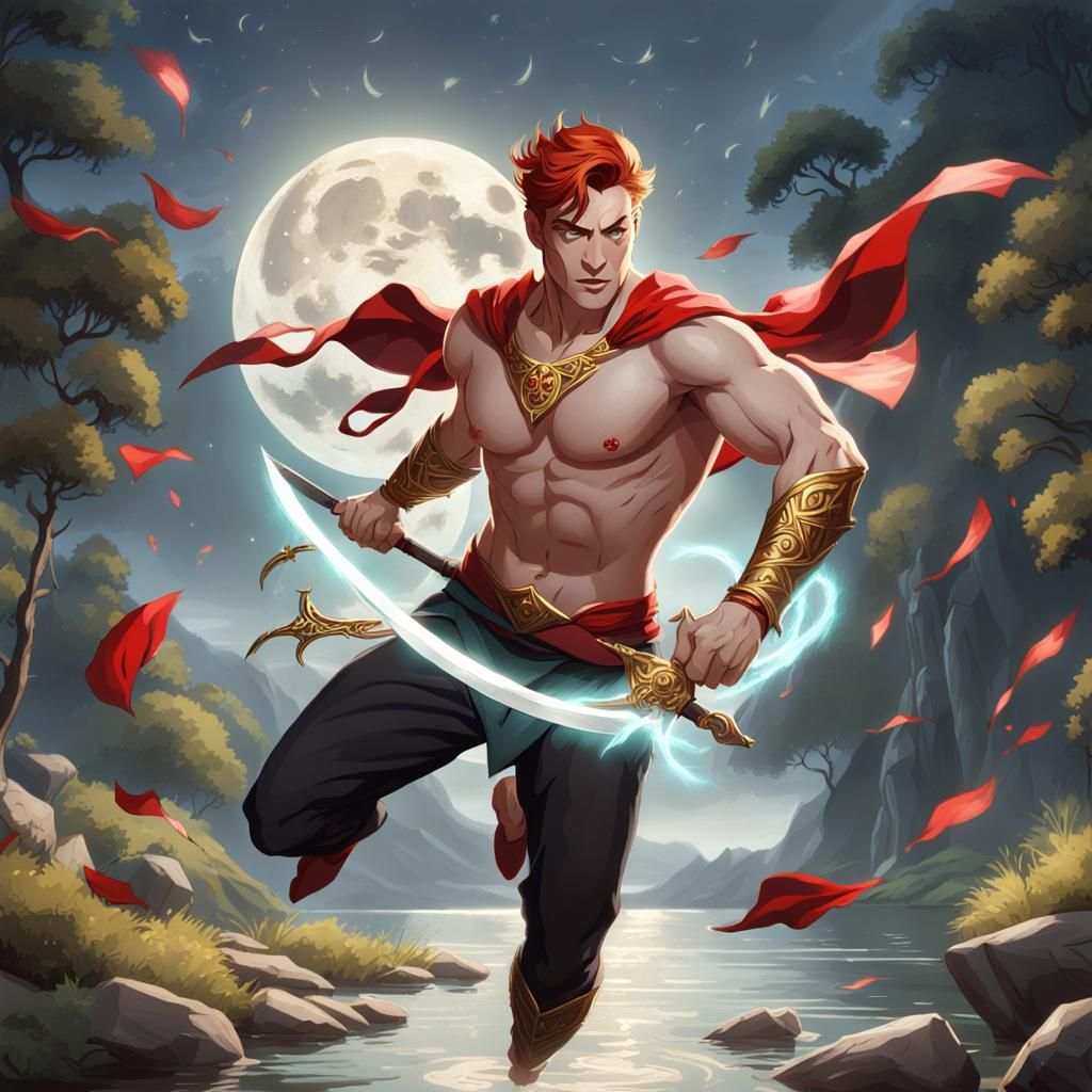 1950s Battle Mage Soaring Over Lake at Night