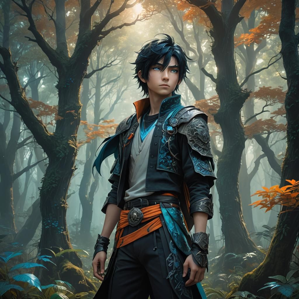 Handsome Anime Boy in Mystical Forest