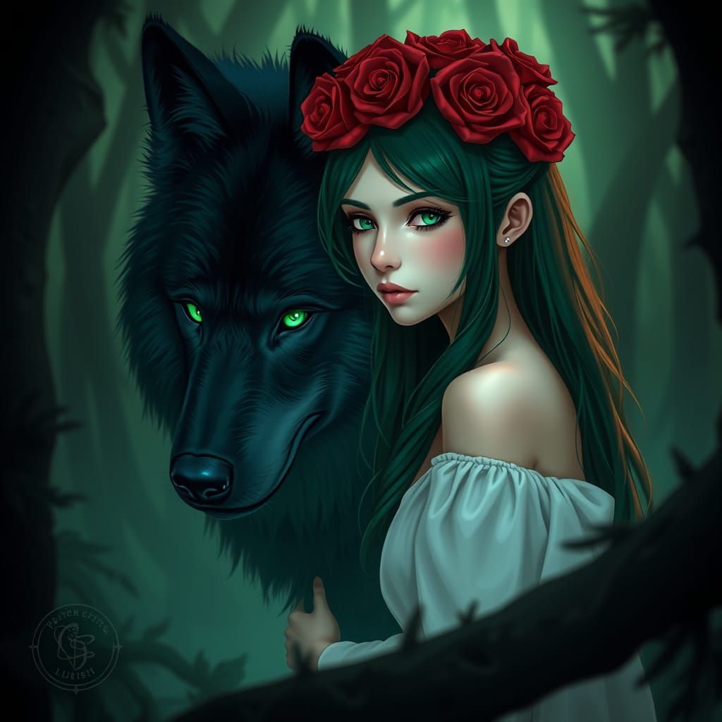 Woman and Wolf in Mystical Forest, Digital Art
