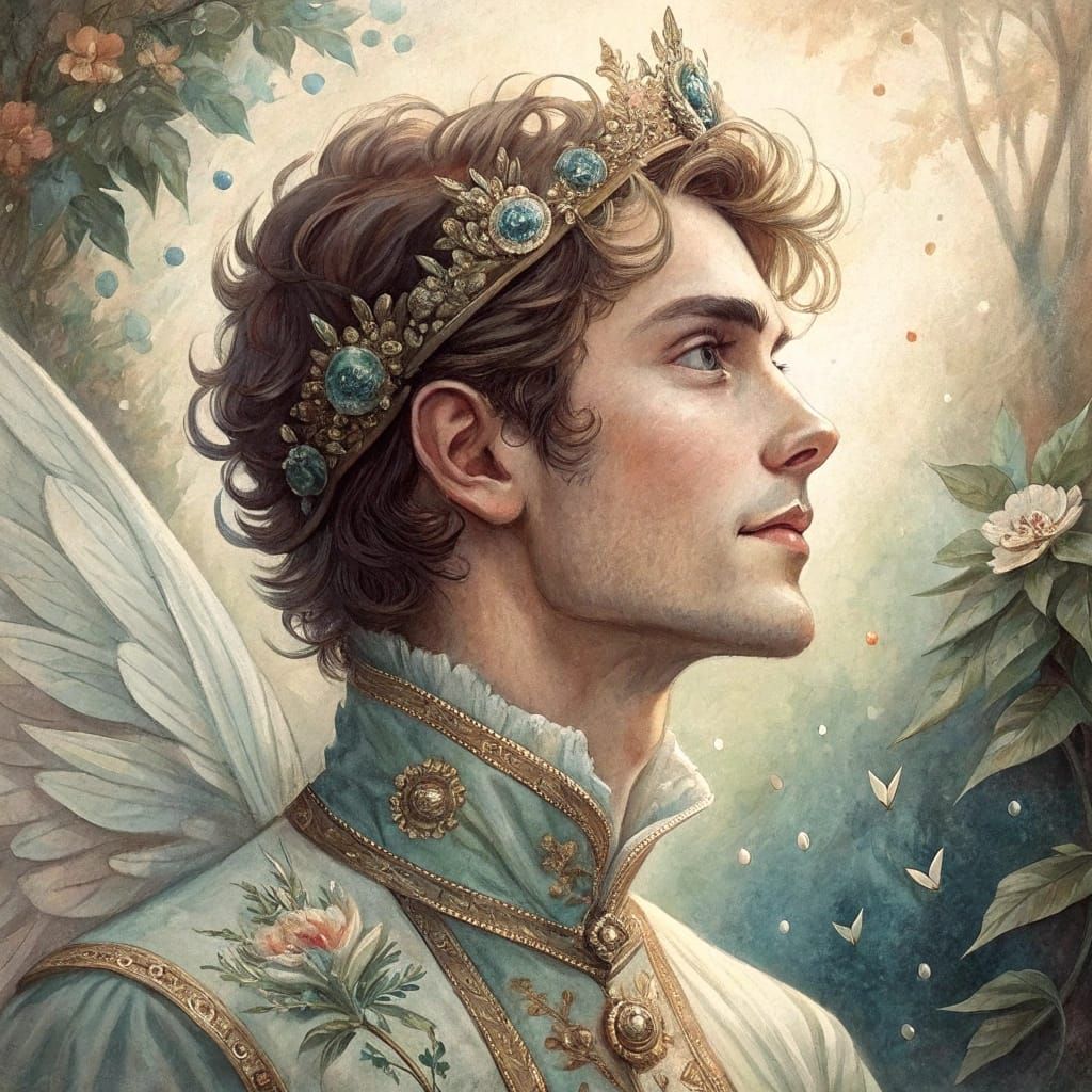 Full face Portrait of a handsome male fairy Prince on the ev...