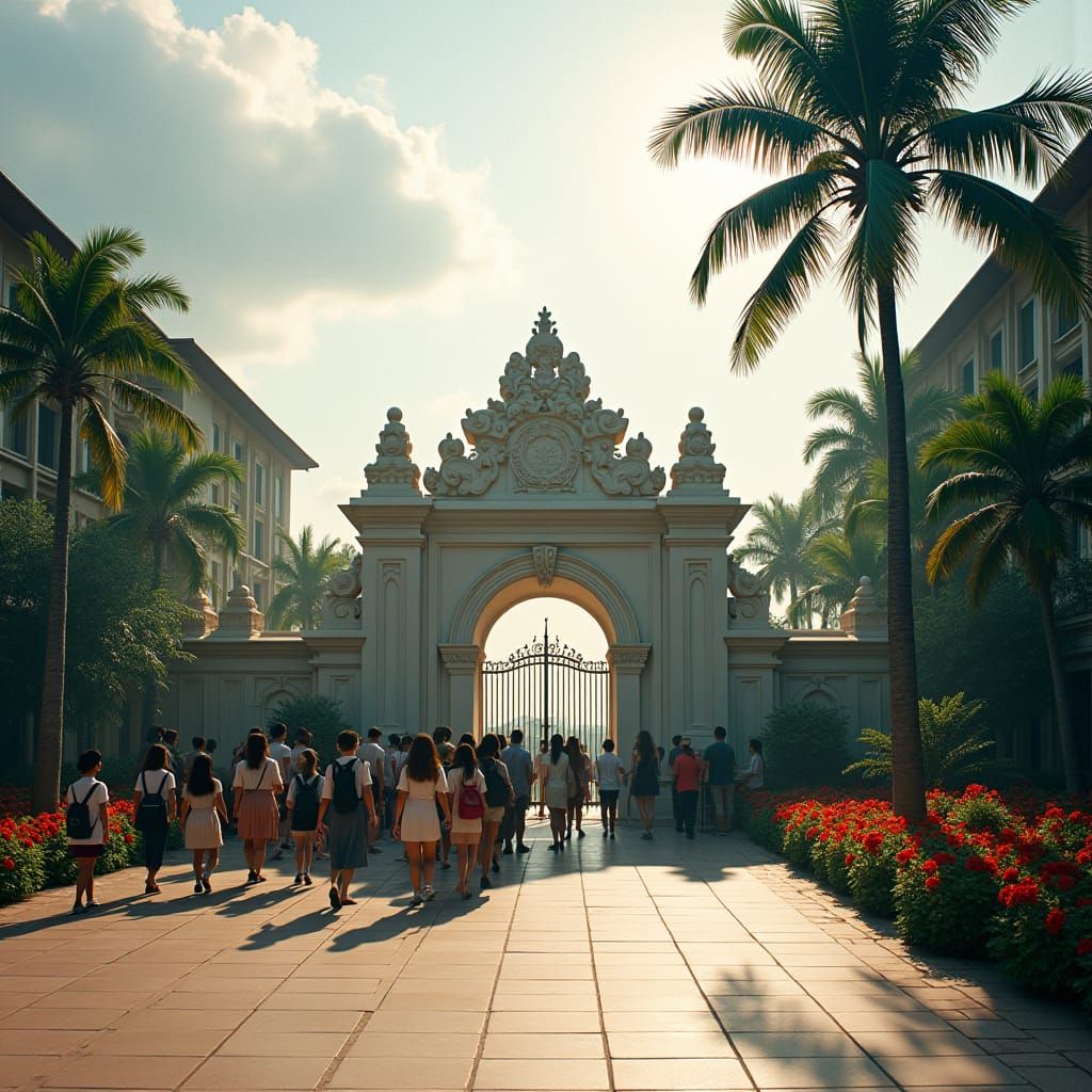 School Entrance with Ornate Gate in Cinematic Style
