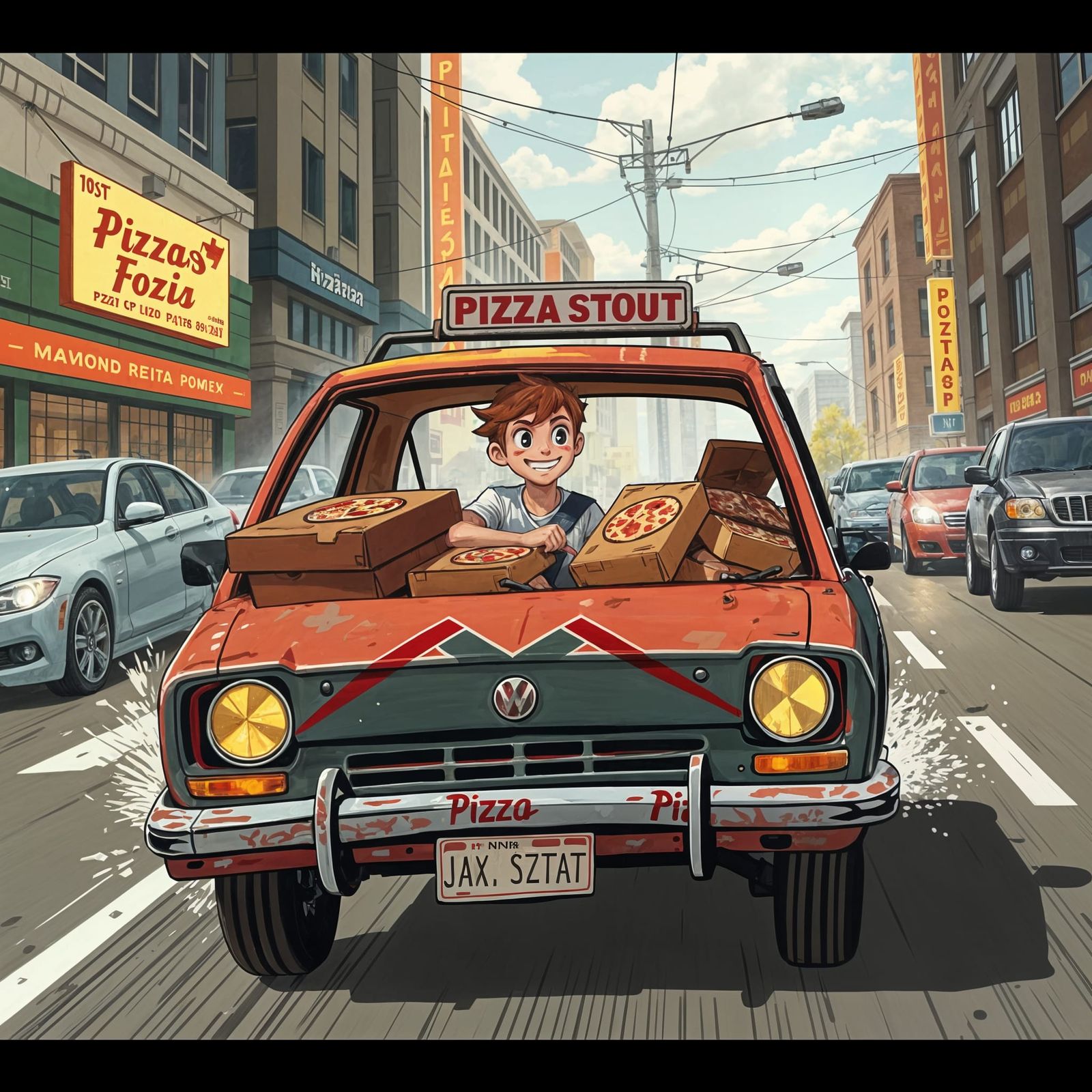 Pizza Boy's Hasty Delivery in City Traffic