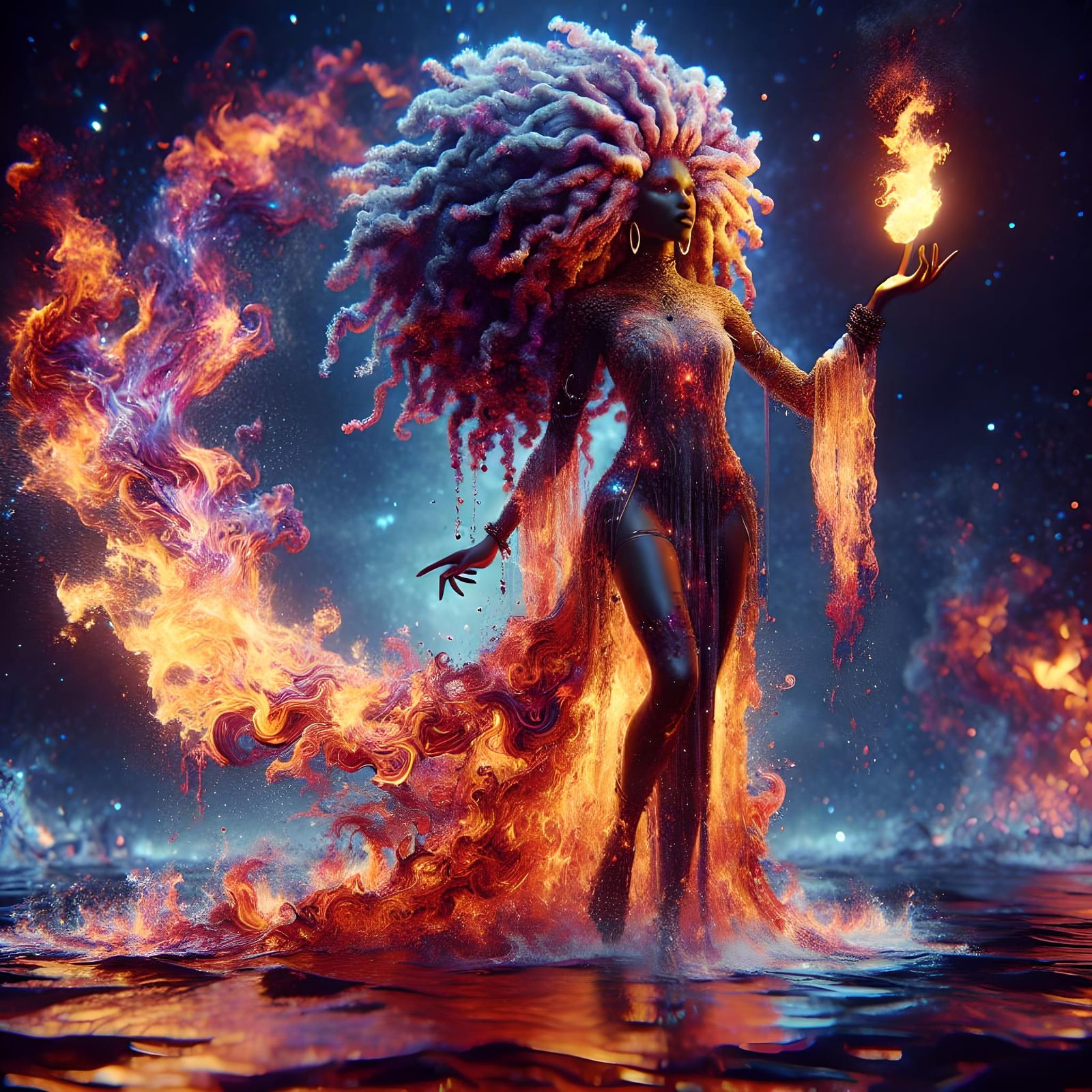 Cosmic Fire Goddess in Afro-Futuristic Style