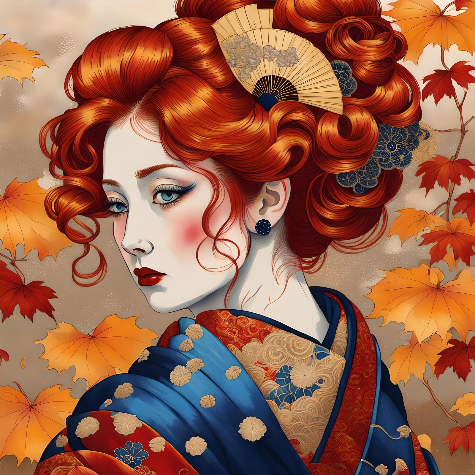 Geisha Portrait in Ukiyo-e Gustav Klimt Style