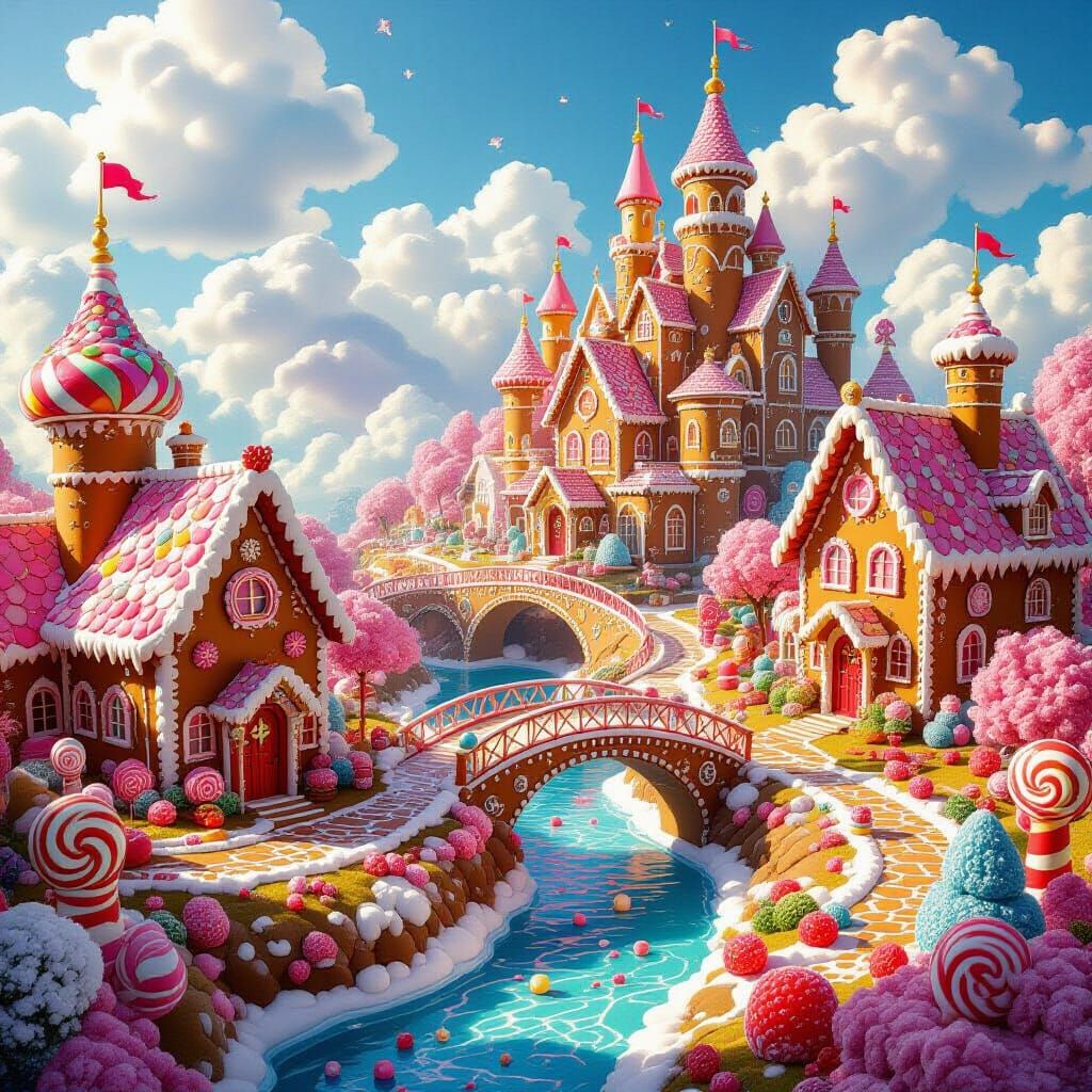 Whimsical Candy Realm with Gingerbread Palaces and Chocolate...