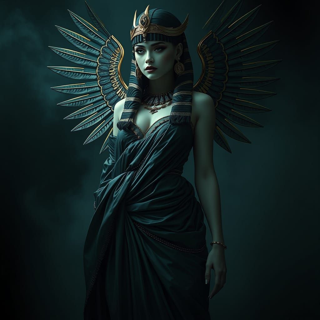 Egyptian Goddess in Dark Emo Makeup and Satin Attire