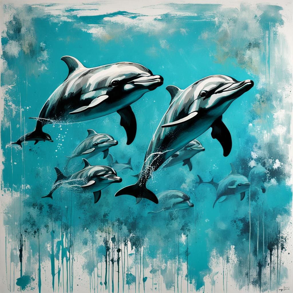 Joyful Dolphins in Turquoise Monochromatic Ocean Art