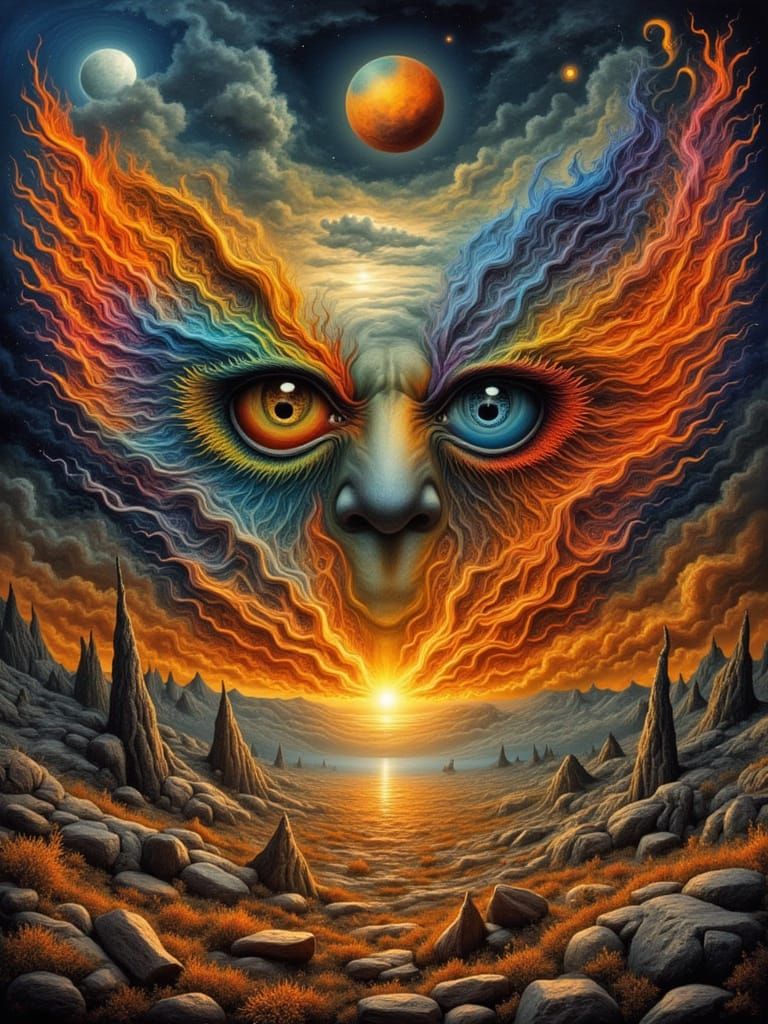 Surreal Fire Landscape with Blooming Faces