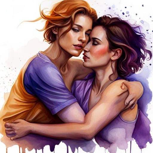 Watercolor Splash Art: Two Women Cuddling