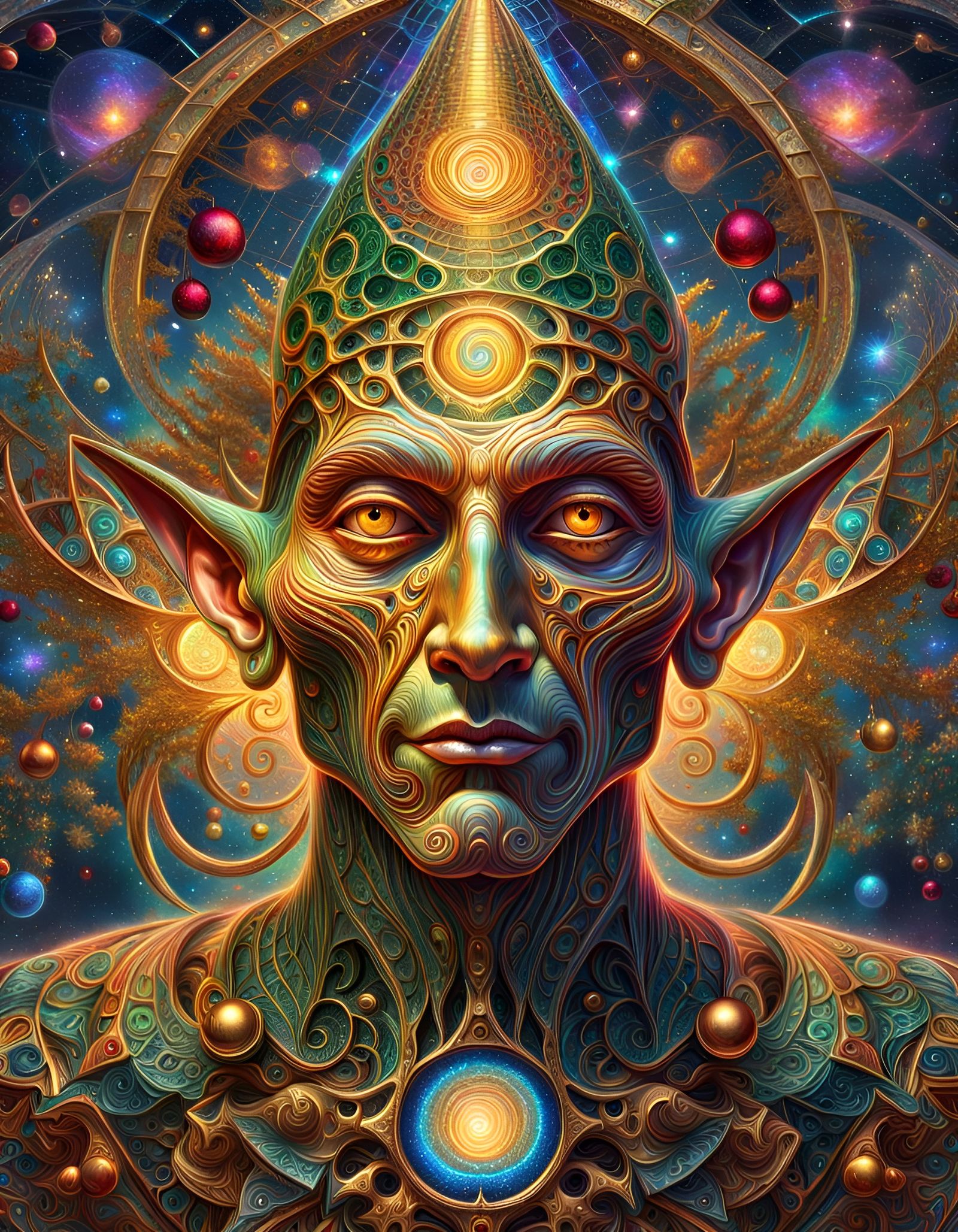 Psychedelic Christmas Elf in Fractal Galaxy