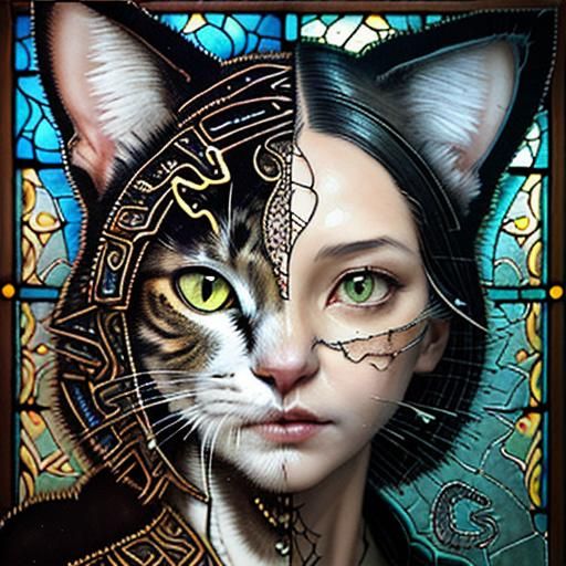 Claymation Cat Portrait with Ink Drips, Mixed Media