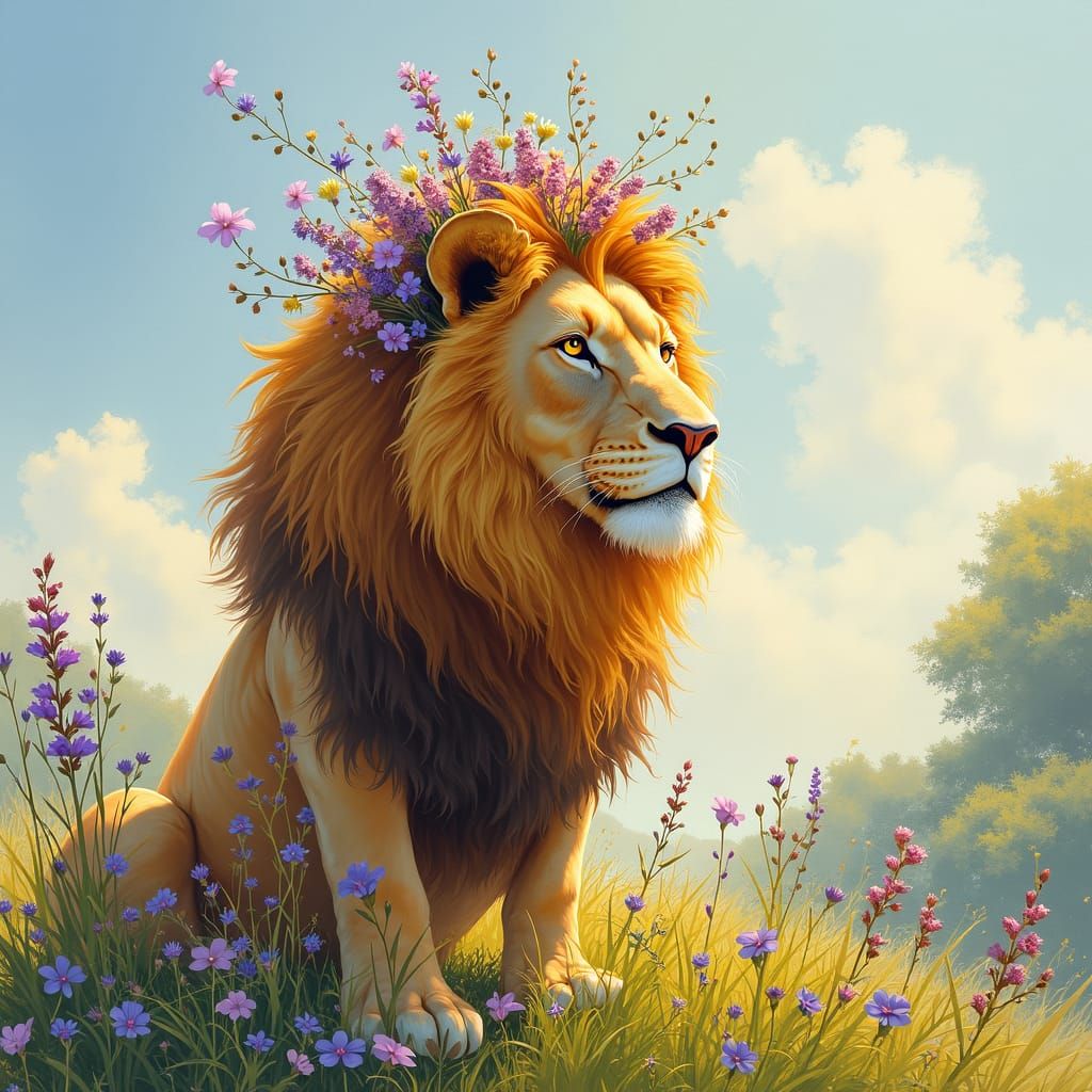 Lion with Wildflower Mane in Painterly Style