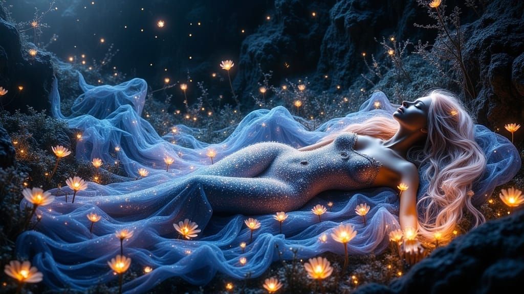 Ethereal Starlight Woman in Bioluminescent Grotto