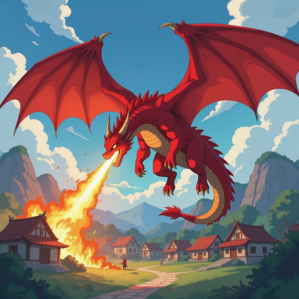 Red Dragon Destroys Village in Anime Style