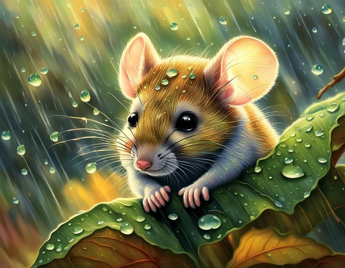 Mouse Sheltering from Rain in Golden Light