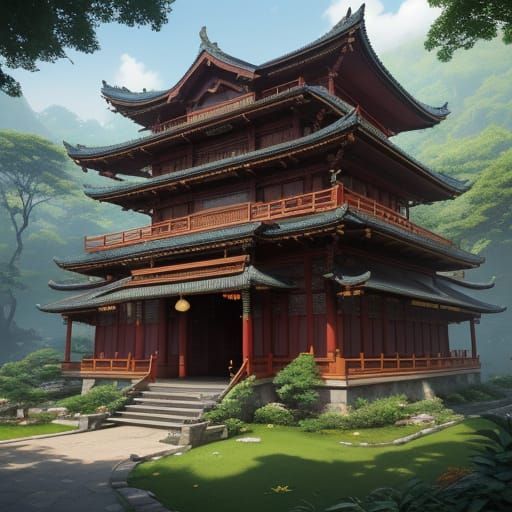 Elegant Traditional Chinese House Amidst Lush Greenery