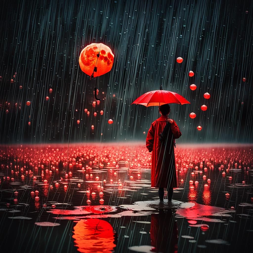 Dramatic Chinese Painting of Red Moon Rising