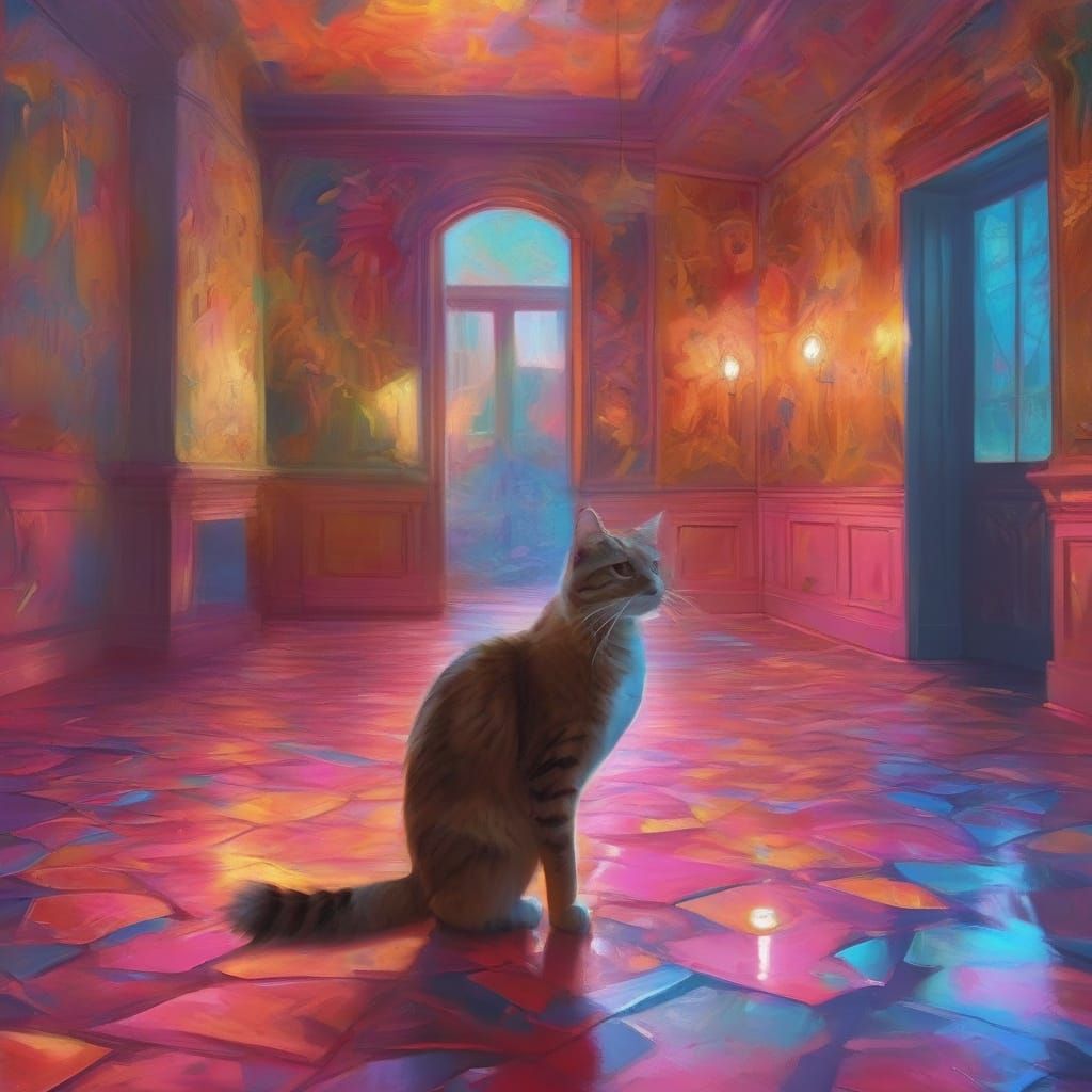 Vibrant Cubist Dreamscape with Disco Cat