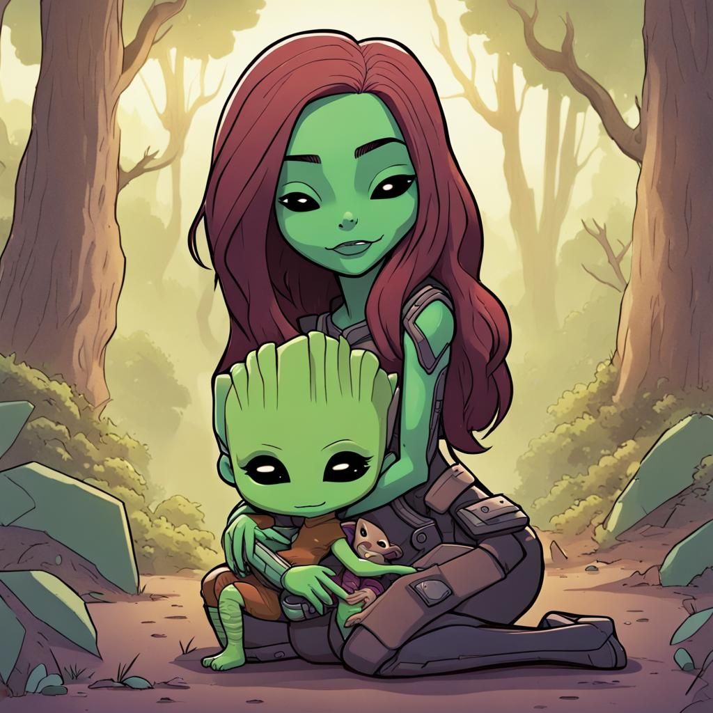 Chibi Gamora and Baby Groot in an Alien Woodland Scene