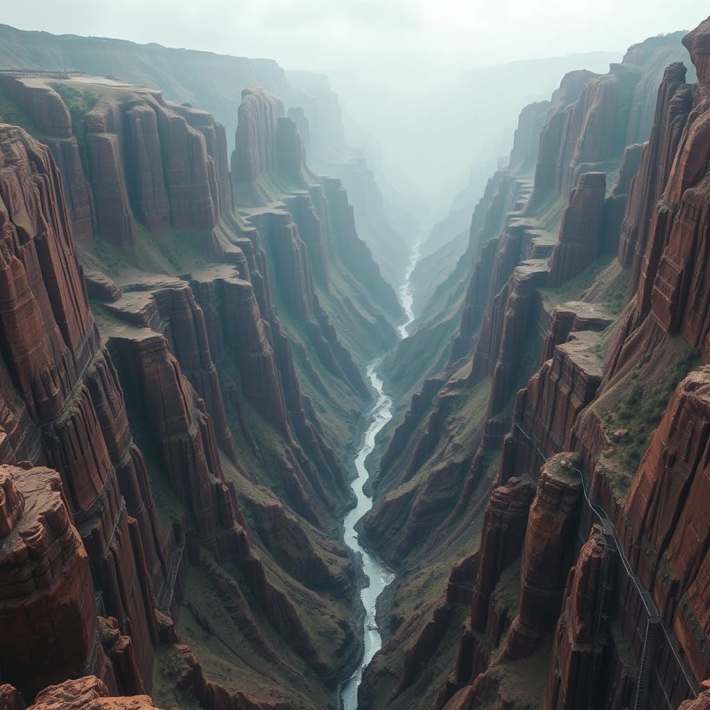 Ethereal Dystopian Landscape with Towering Red Cliffs