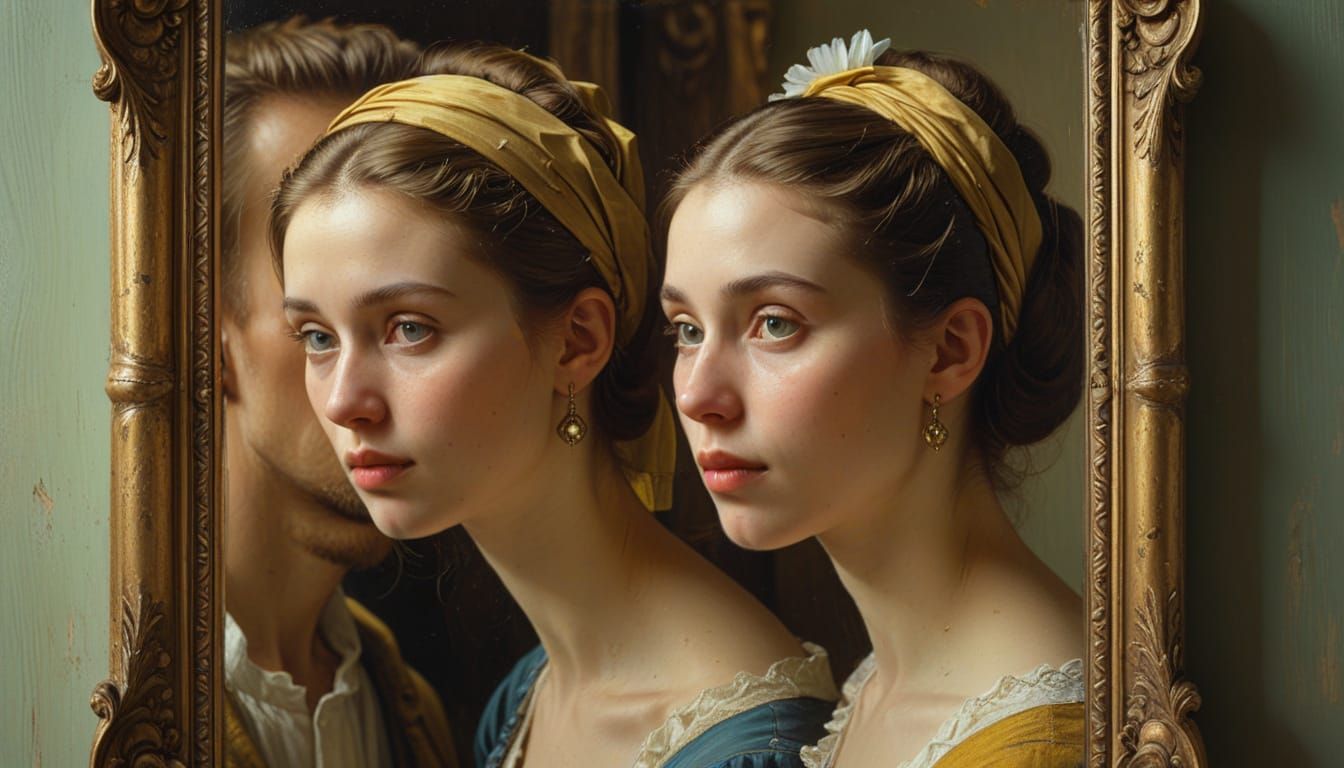 Romantic Realism Couple Gazing into Antique Mirror