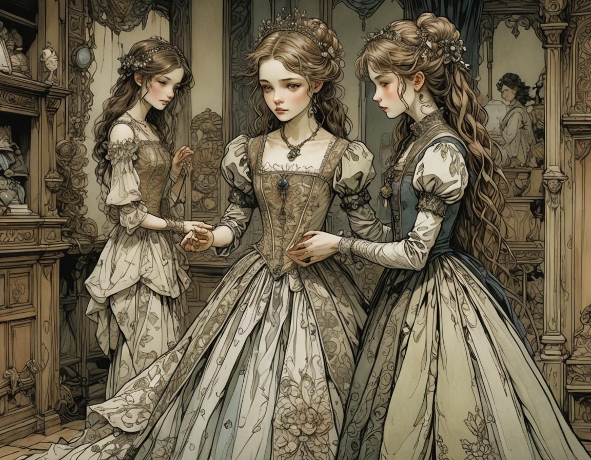 Whimsical Girl in Elegant Gown, Inspired by Classic Illustra...