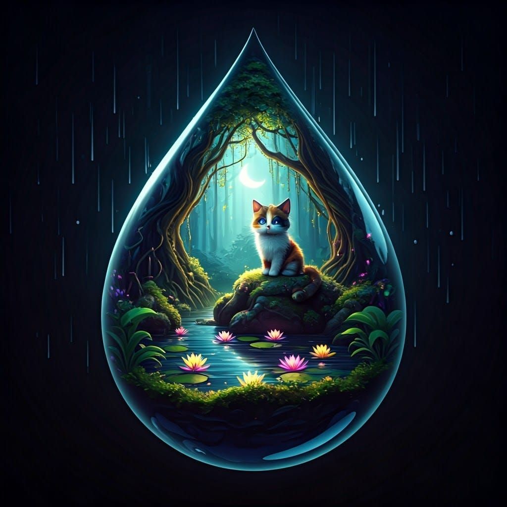 Raindrop World with Kitten, Digital Art