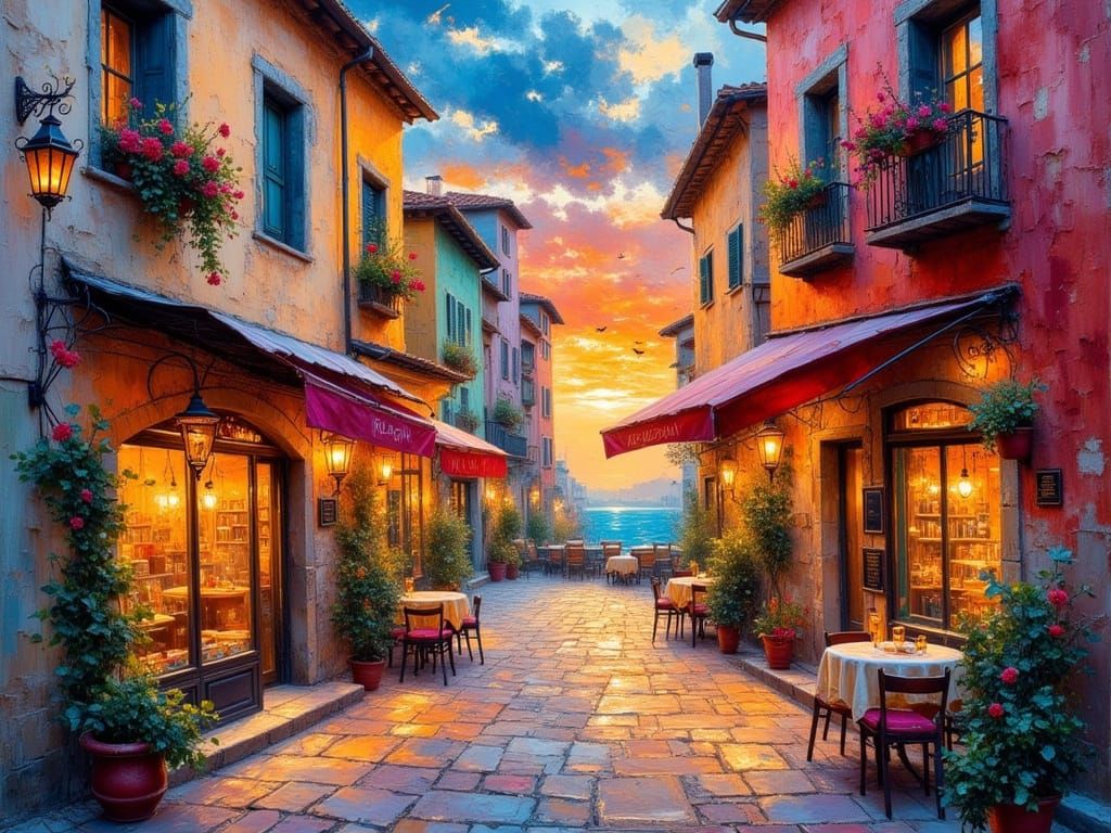 Italian Alley Sunset in Klimt-Inspired Watercolor