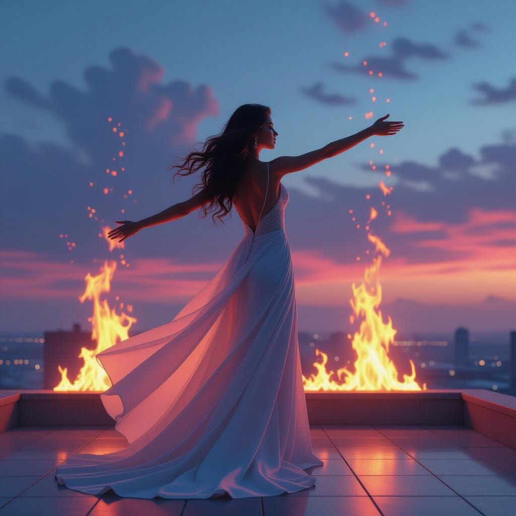 Twilight Rooftop: Digital Flames and Neon Light Art