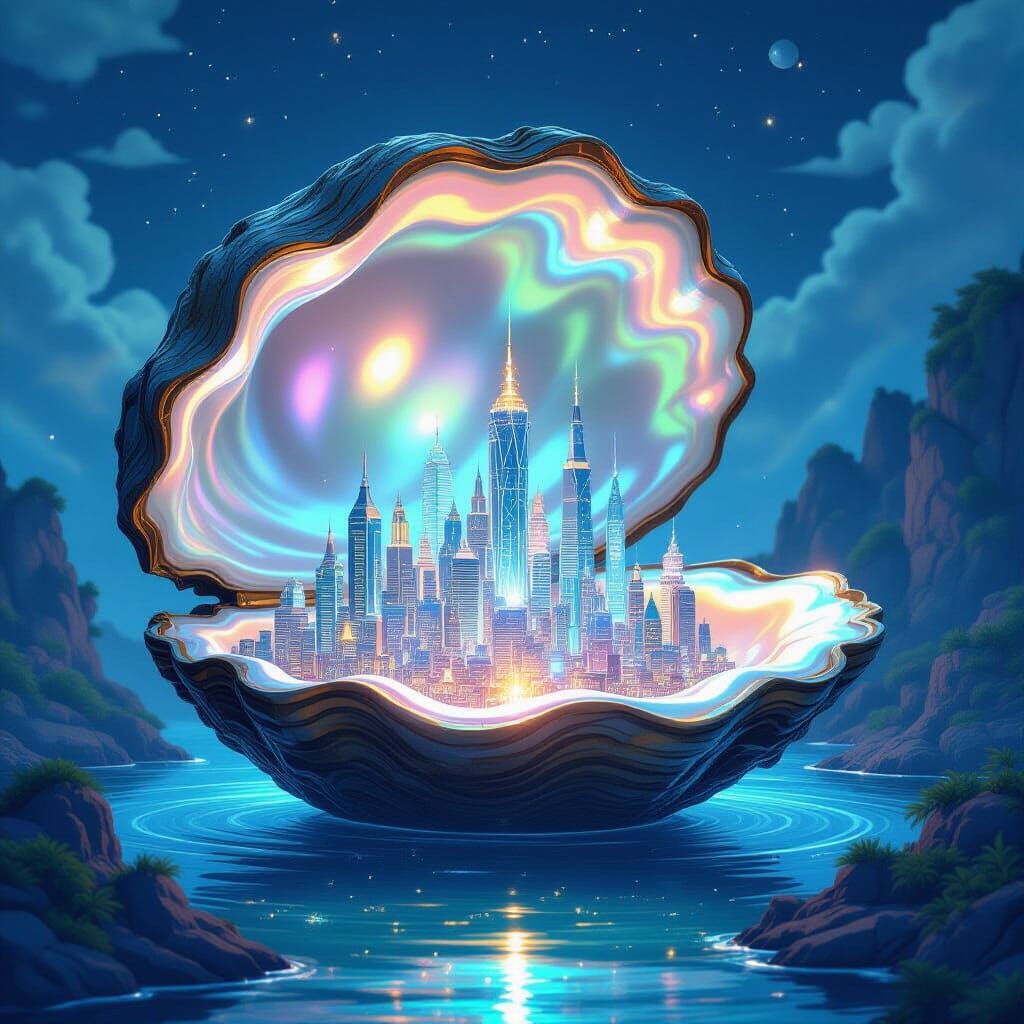 Colossal Pearl Cityscape in Giant Oyster Shell