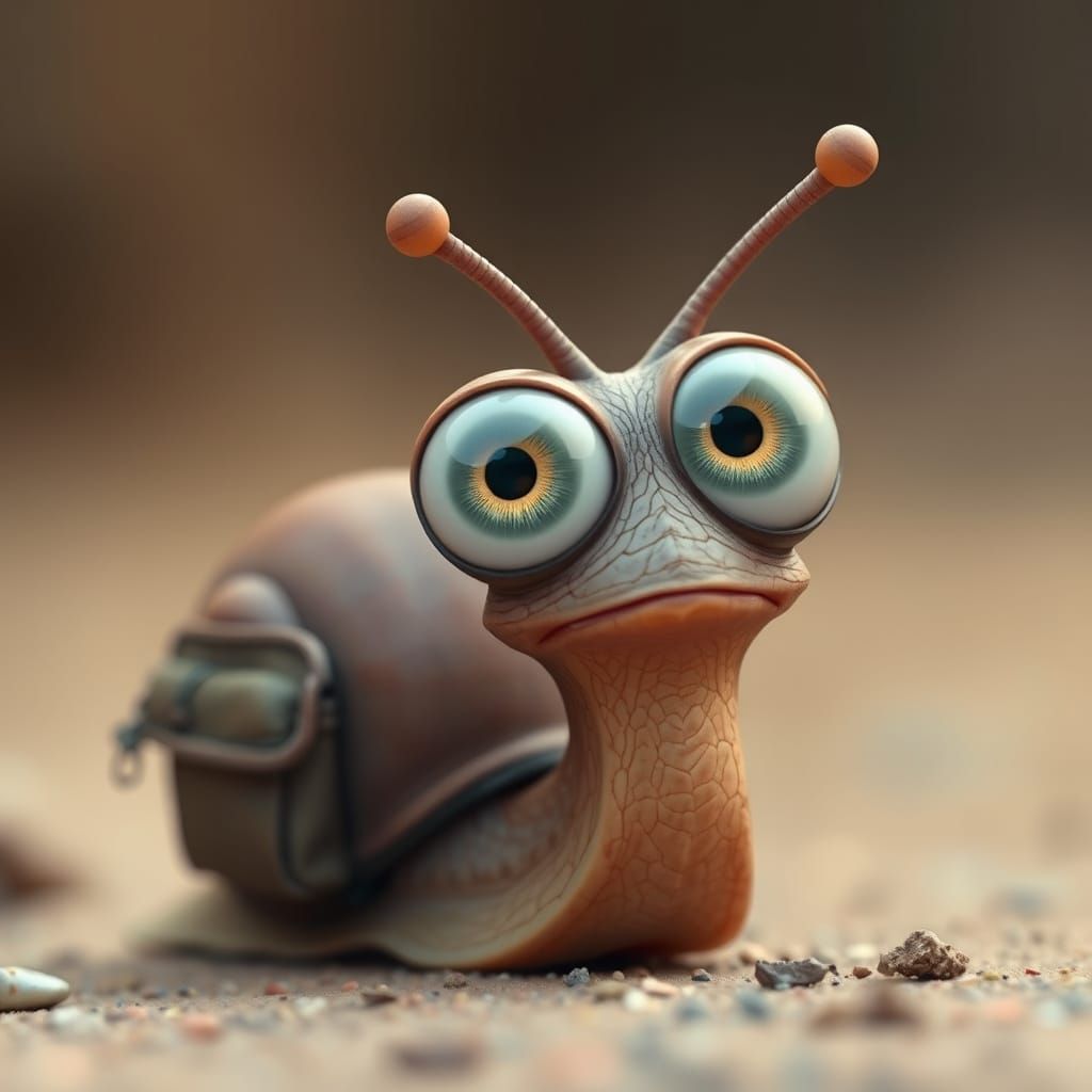 Curious Snail with Cartoon Eyes in Hyperrealism