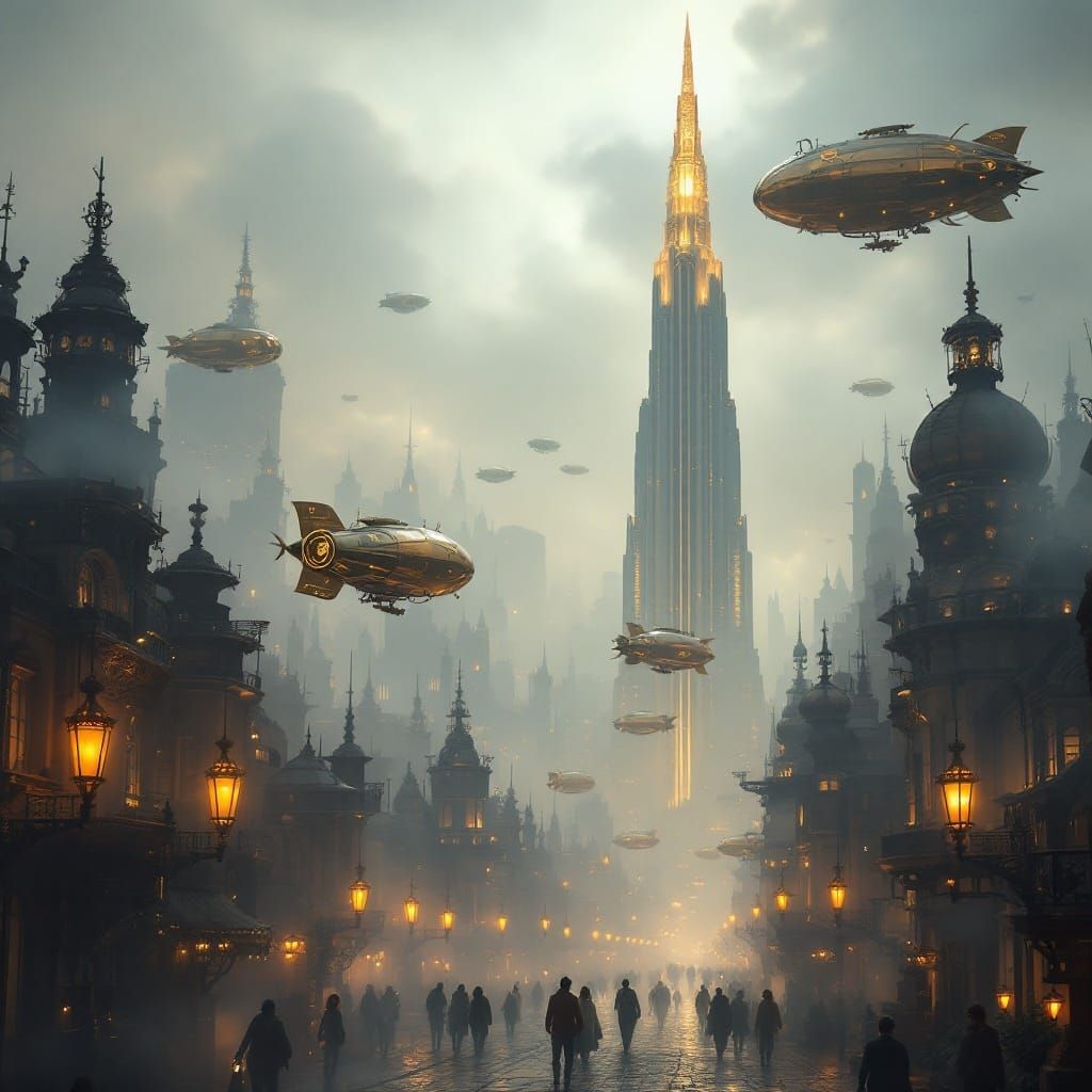 Steampunk Cityscape in Art Nouveau Style