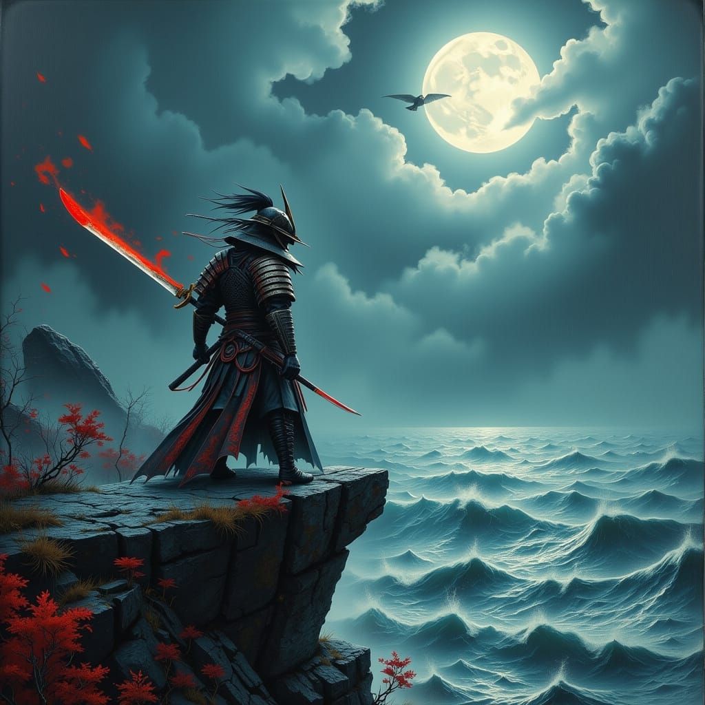 Crimson Blade Warrior on Stormy Cliffside