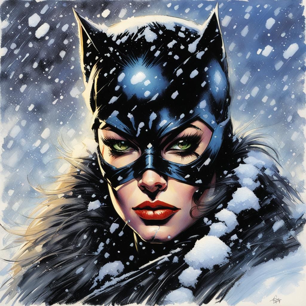 Catwoman Portrait in Snow, Comic Book Style