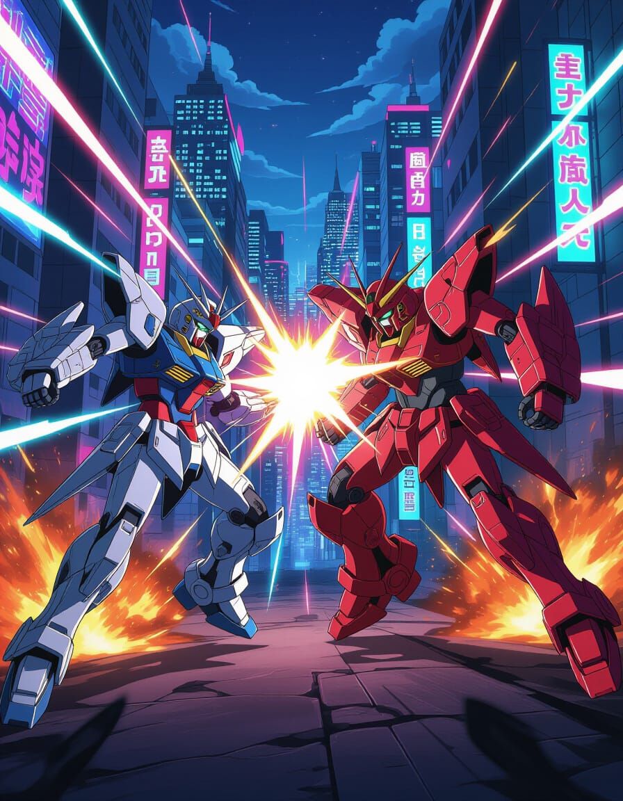 Anime Mechs Clash in Neon Futuristic Cityscape