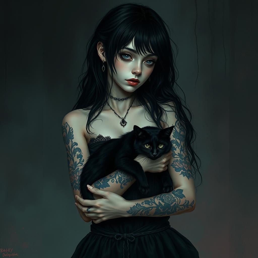 Goth Woman with Black Cat in Mystical Style