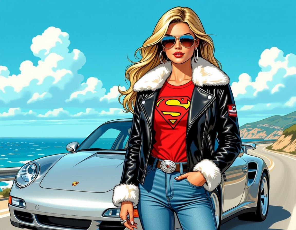 Woman in Aviator Jacket Leaning on Silver Porsche, Comic Art