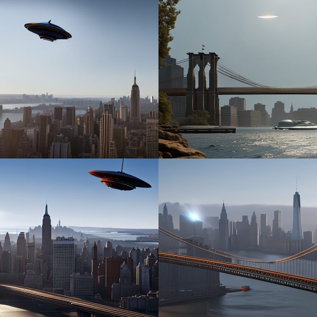 UFO Over Brooklyn Bridge: Detailed Matte Painting