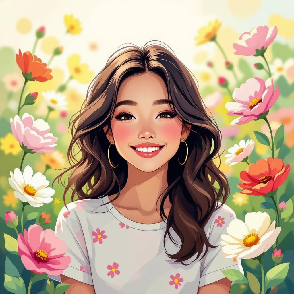 Joyful Woman Amidst Blooming Flowers, Whimsical Patterns