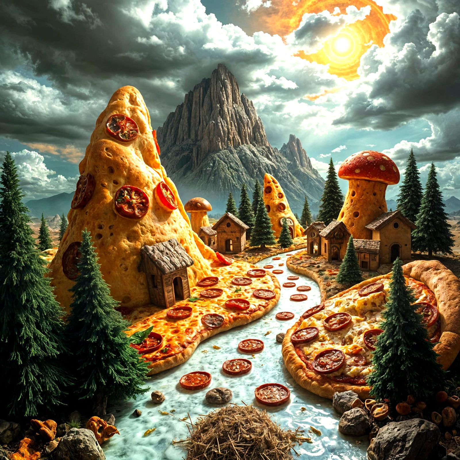 Surreal Pizza Landscape with Pepperoni Trees