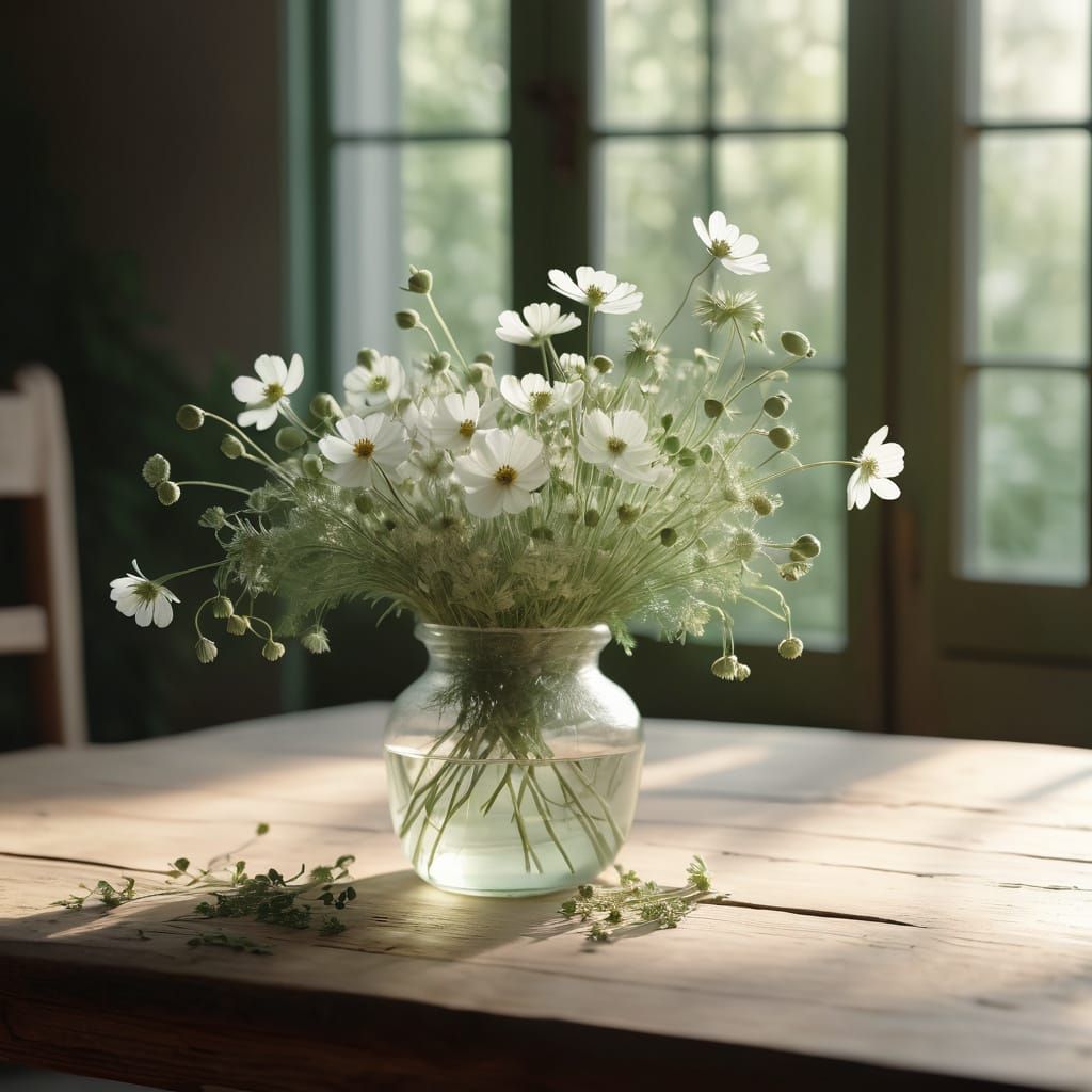 The Delicate Wildflower Bouquet
A lush and ethereal bouquet sits in a clear glass vase on a rustic wooden table. The arr...