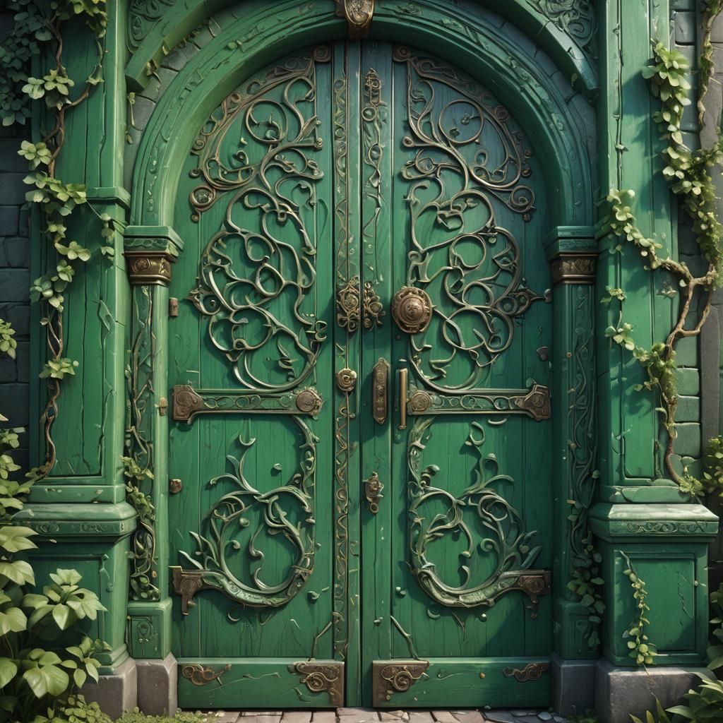 Fantastical Jade Green Door in Detailed Matte Painting