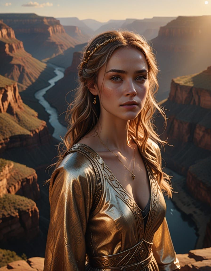 Woman Overlooking Canyon at Sunset in Digital Art Style