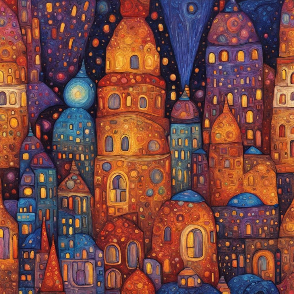 Futuristic Cityscape Tapestry in Klimt Style