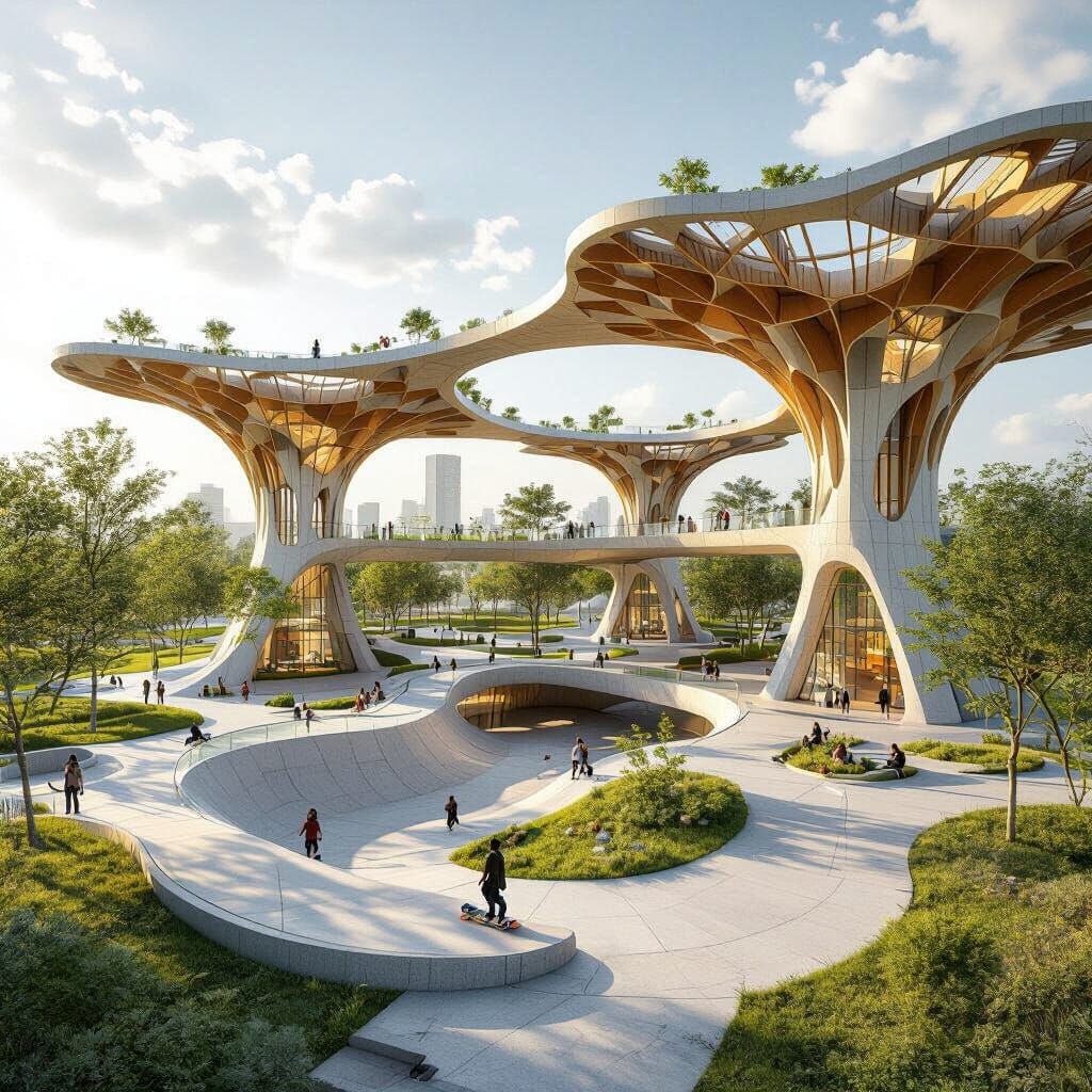 Futuristic Urban Park with Elevated Skate Track
