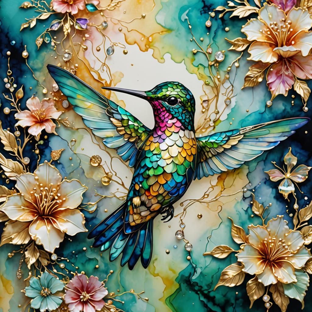 Iridescent Hummingbird in Alcohol Ink Style