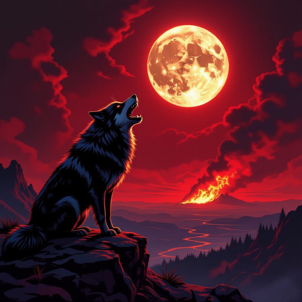 Electric Wolf Howls at Blood Red Moon in Dark Fantasy Style