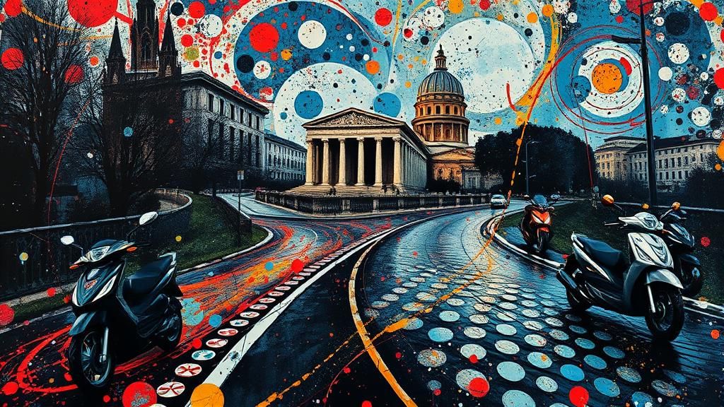 Modern Rome Splatter Art with Motorcycles and Parthenon