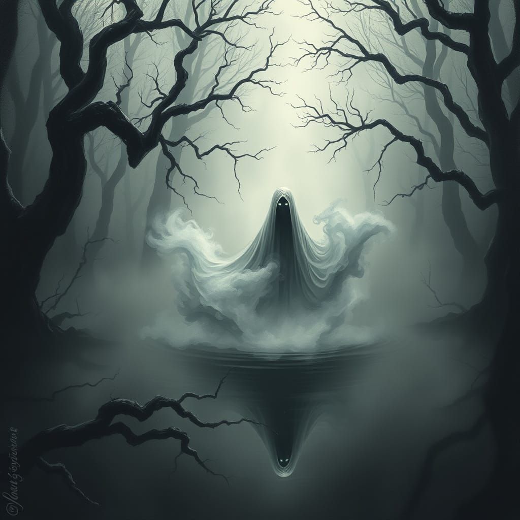 Ghostly Figure Emerges from Misty Lake, as Charcoal Art