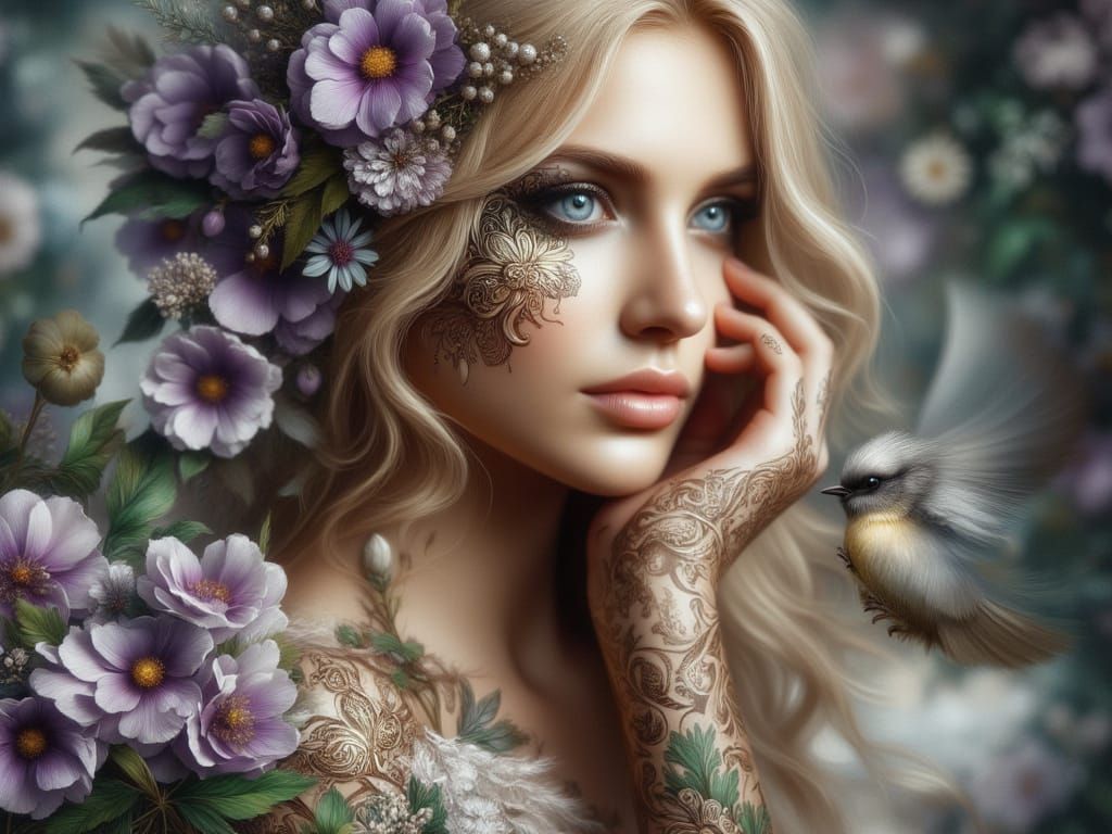Photorealistic Portrait of Woman with Flowers and Feathers